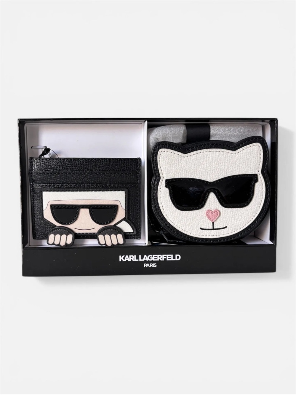Karl Lagerfeld Black & White Cat Face Crossbody Cardholder Set